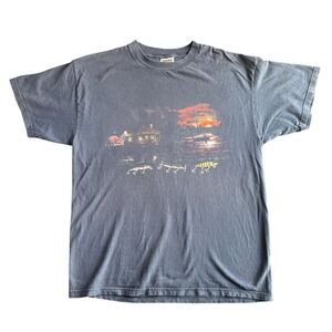 Vtg Tultex Fishing Graphic T-Shirt Mens XL Navy Blue Cotton 90s Single Stitch